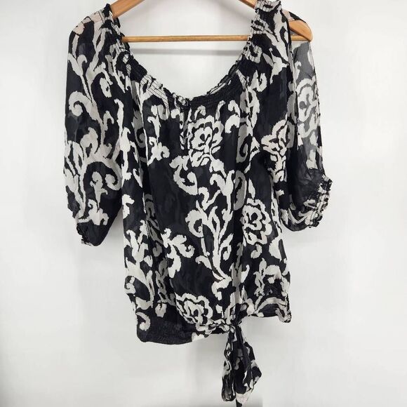White House Black Market Tops - White House Black Market Damask Print Silk Smocked Off Shoulder Sheer Blouse Tie